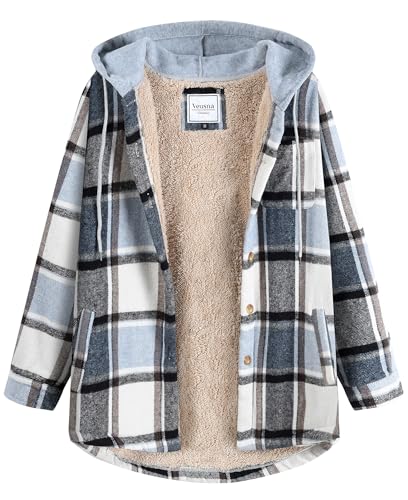 Women's Plaid Flannel Plaid Shacket Button Up Hooded Long Sleeve Fleece Jacket Winter Coat with Side Pockets