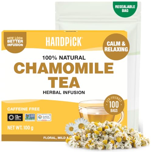 HANDPICK Kamillentee | 100 Kamillenblüten Tee Beutel | Koffeinfrei & Nicht-GVO | Aus 100% Reinen Kamillenblüten | Florale Kräutertee