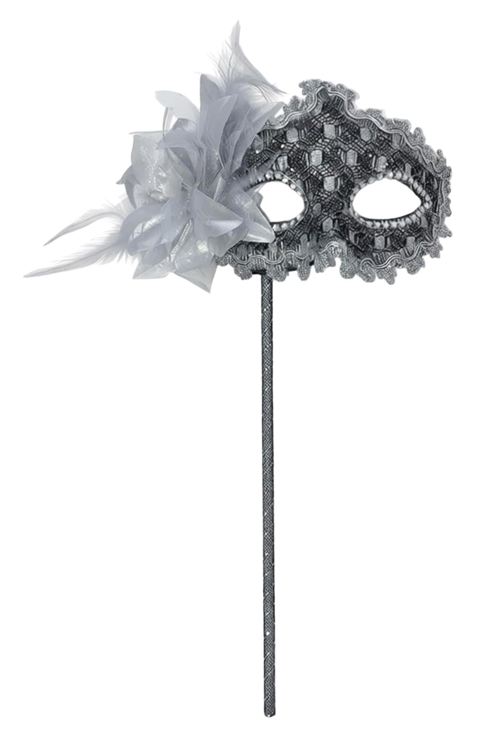 Women's Masquerade Masks Side Feather Flower Petal Hand Held Lace Mask with Stick,(Gray) โ image 1