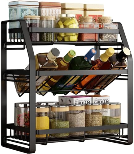 Image of KIMEE 3 Tier Spice Organizer Rack for Cabinet | Heavy Duty Metal Kitchen Storage Shelf Stand with 45 Degree Angled Middle Tier | Detachable Space Saving Countertop Spice Racks Holder (Matte Black)