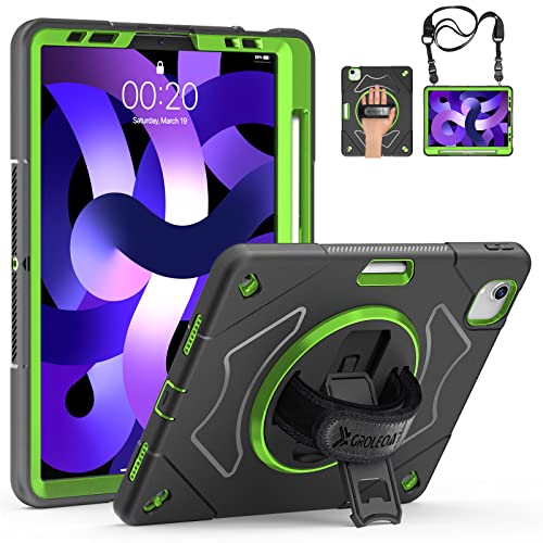 Groleoa Ipad Air 5Th/4Th Generation Case 10.9 Inch 2022/2020, Ipad Pro 11 Inch Case 2022/2021, Shockproof Protective Case With Pencil Holder - Shoulder Strap - Rotating Stand- Green #TOP19