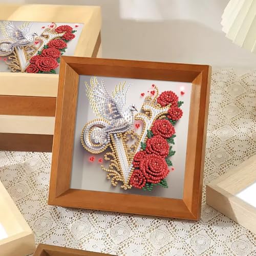 Image of AiYuanzsh 5D DIY Diamond Art Kits for Adults Letter V, Vintage Rose & Dove Floral Special Shape Diamond Painting, Alphabet Diamond Art for Home Wall Decoration and Valentine's Day Gift 17x17cm