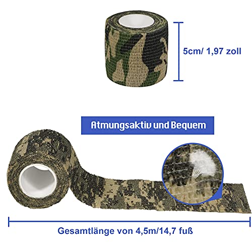 QiGui 8 Rollen Selbsthaftende Cohesive Bandage Camouflage Klebeband Kohäsive Bandage Pflasterverband Fingerpflaster Haftbandage Verband Fixierverband Elastische Binde Für Jagd Sport im Freien 5cm