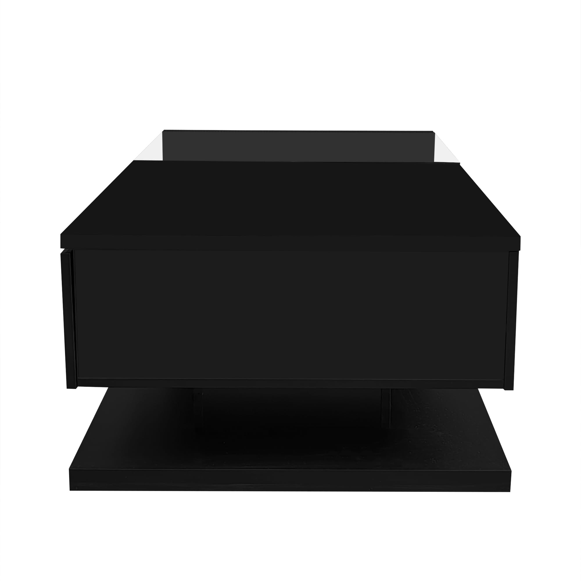 Mesa de centro con iluminación LED, 105 x 55 cm, color negro brillante, moderna mesa de salón con placa de cristal, compartimento de almacenamiento y luz LED RGB, elegante mesa auxiliar para