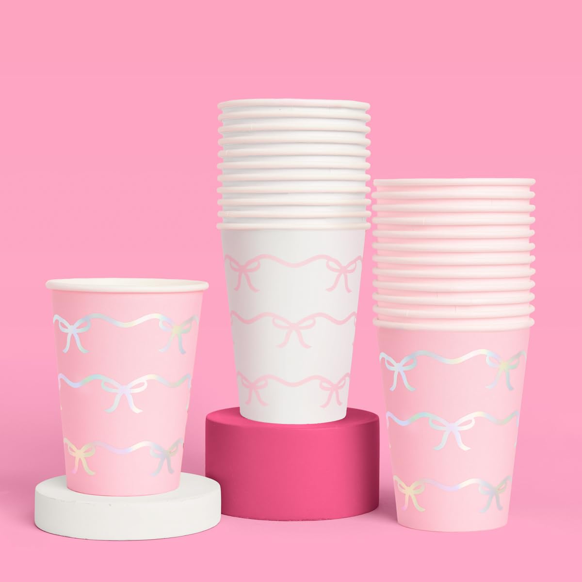 xo, Fetti Pink Bow Paper Cups - 24 Disposable 14 oz | Pastel Birthday Decorations, Tying the Knot Bridal, Girls Baby Shower, Tea Party Bachelorette, Coquette Decor