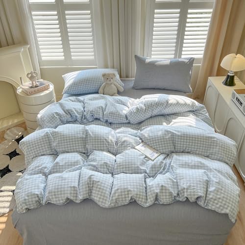 Image of VM VOUGEMARKET Blue White Gingham Duvet Cover Set,Soft Washed Cotton Bedding Set,Minimalist Plaid Bed Set with Pillowcases,Cozy Bedroom & Dorm Decor,King Size
