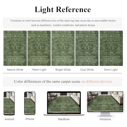 Image of 8x10 Washable Area Rug Vintage Green Rug for Living Room Bedroom Low Pile Soft Non-Slip Boho Rug for Under Table Boho Distressed Retro Carpet for Bedroom Kitchen Office Dining