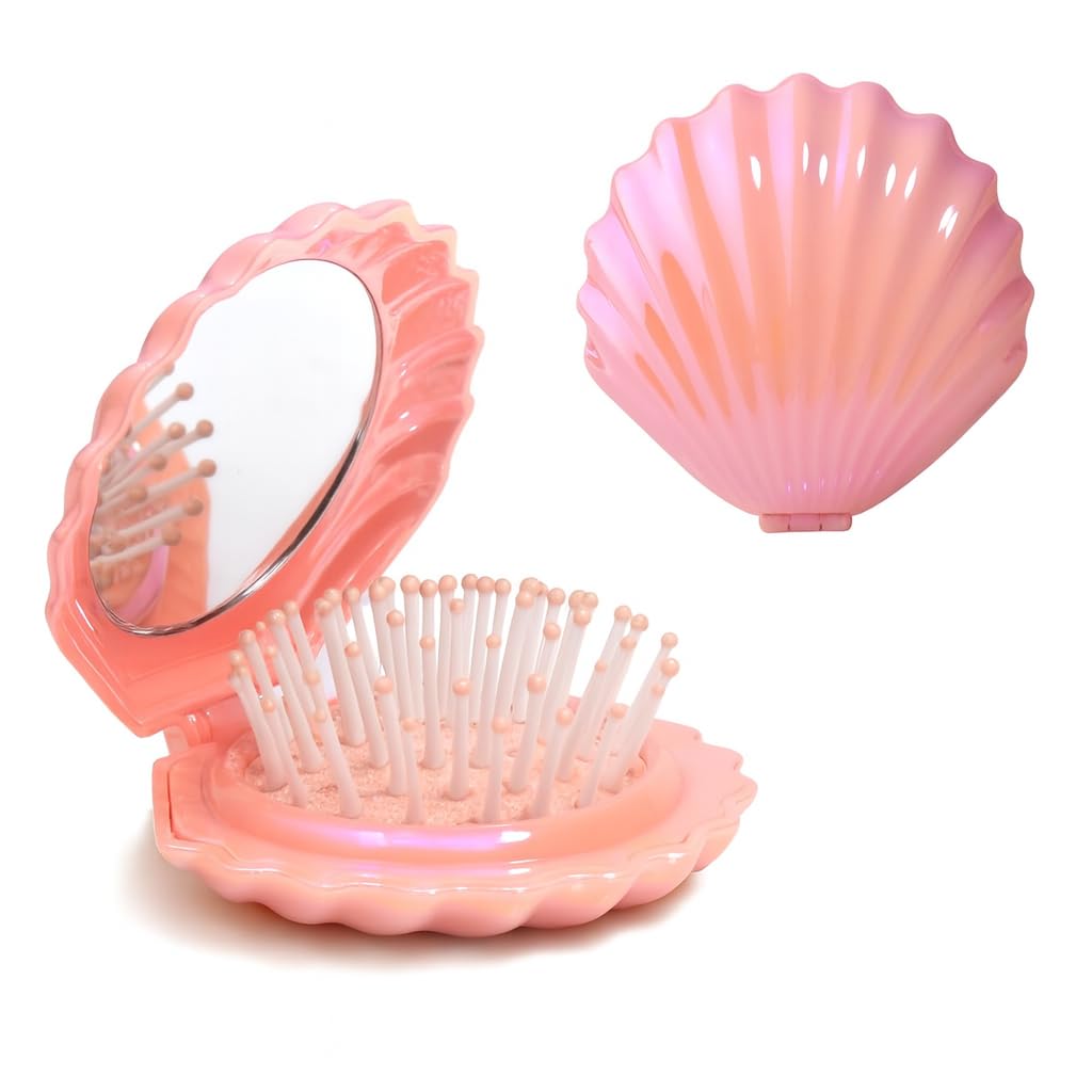 Escova de Cabelo Dobrável com Espelho Portátil – Design Concha Metálica Rosa, Compacta