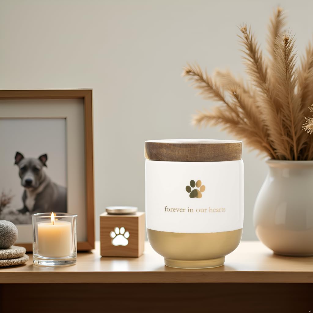 Pearhead Urna de cerámica para Mascotas para Siempre en Nuestros Corazones, Conmemorativa para Mascotas, urna Dorada para Mascotas, Conmemorativa para Perro o Gato