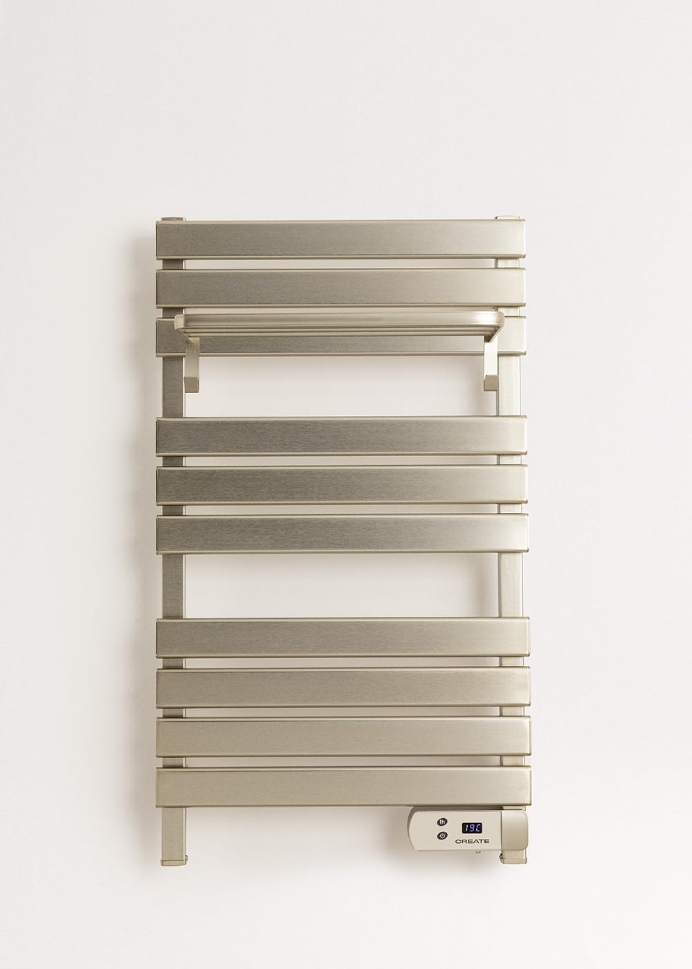 CREATE / WARM Towel 500W / Elektrischer Badheizkörper Edelstahl mit Regal / 96,9x55x5cm / Für Boden oder Wand, Timer, LCD-Display, geringer Verbrauch