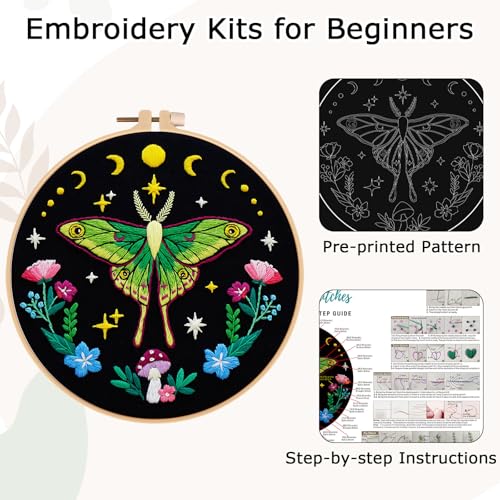 Image of Nuberlic Moth Embroidery Kits for Beginners - Embroidery Starter Cross Stitch Kit DIY Needlepoint Including Cloth with Pattern, Hoop, Needles Instruction and Threads