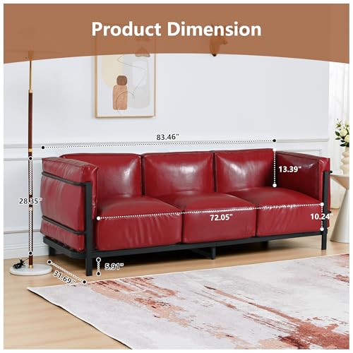 Image of QHITTY 3 Seater Sofa, Mid-Century Modern Upholstered Couch Chair Faux Leather Sofa Couch with Iron Frame and Upholstered Armrest Backrest Cushion for Living Room, Office, Apartment (Burgundy)