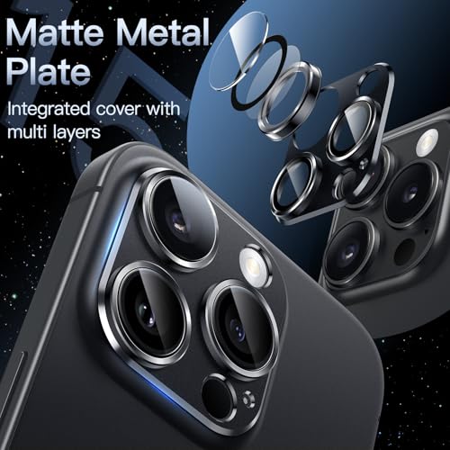 Image of JETech Camera Lens Protector for iPhone 15 Pro 6.1-Inch and iPhone 15 Pro Max 6.7-Inch, Full Coverage 9H Tempered Glass Ring Cover, Matte Metal Plate, Case Friendly, 1-Pack (Space Black)