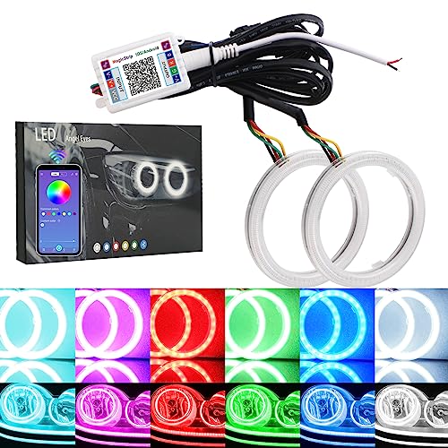 QasimLED 1-Pair 90MM iOS Bluetooth APP Control 90SMD COB RGB LED Halo Ring Angel Eyes Universal for Motorcycle Car Driving Signal Light Fog Light Decorative DRL Light with Cover 12V DC