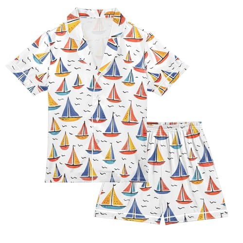 ALAZA Boat Cartoon Pajamas Satin Pajama Set Short Sleeve Button Down Sleepwear
