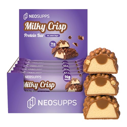 Neosupps Protein Bar Milky Crisp, Proteinriegel, Milchprotein Powerbar, Idealer High Protein Snack mit 14g Protein, Eiweißriegel für Muskelaufbau, Geprüfte Qualität, 12Stk