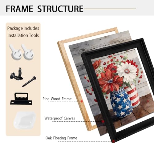 Image of Wildflower Field Framed Canvas Wall Art, 4th of July Red White Blue Canvas Prints, Flowers and Stripes Patriotic Decorations, Independence Day Wall Decor for Bedroom Living Room Office 24x36
