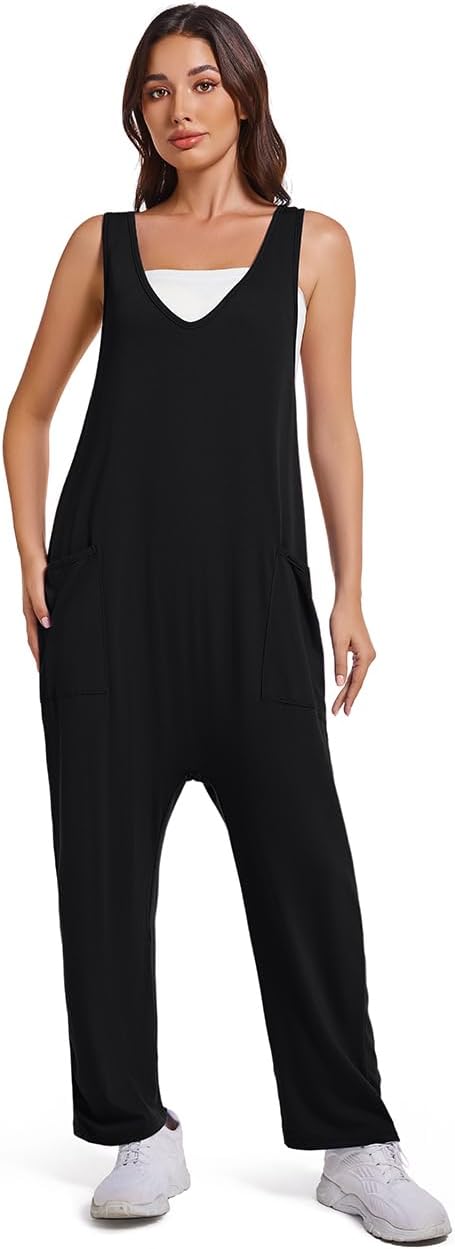Womens V Neck Jumpsuit Casual Loose Tank Sleeveless Overalls Wide Leg Long Pants Romper with Pockets - Image 3