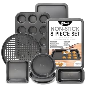 PERLLI Non-Stick 8-Piece Bakeware Set – Carbon Steel with Even Heat Distribution, Oven Safe to 446°F, BPA-Free, Dishwasher Safe, Stackable Baking Tools for Easy Storage and Everyday Cooking – Gray