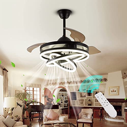 Ventilateur de plafond télécommandé pour chambre à coucher avec lustre design 3 anneaux