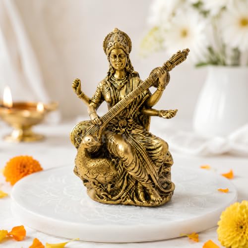 Image of Brass Saraswati Ji Idol, Vastu Remedy for Wisdom & Learning (4 Inch, 200 g)