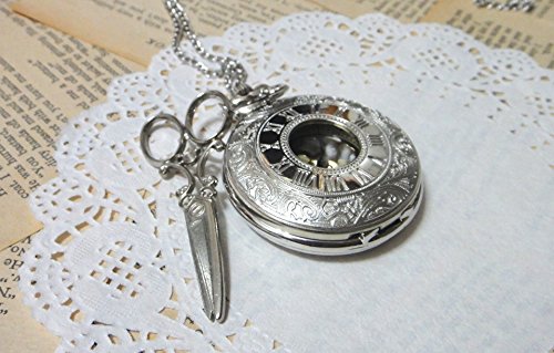 Alice In Wonderland Pocketwatch Necklace - Vintage Style Scissor Pendant - Steampunk Golden Antiqued Silver Charm Pocket Watch #TOP1