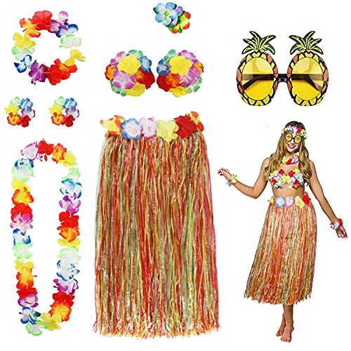 PHOGARY 8PCS Jupe de Hula Kit d'accessoires de Costume pour Hawaii Luau Party - Danse Hula avec Fleur Bikini, Hawaïen lei, Pince à Cheveux en Hibiscus, Lunettes de Soleil (Coloré)