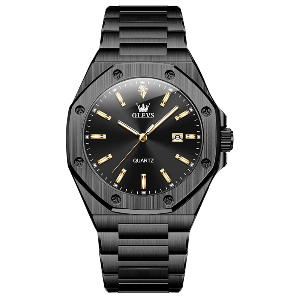 OLEVS Watches for Men Luxury Waterproof Analog Quartz Stainless Steel Dress Big Face Dial with Roman Numerals Chronograph Diamond Business Casual Luminous Day Date Mens Watch(Gold/Silver/Black/Blue)