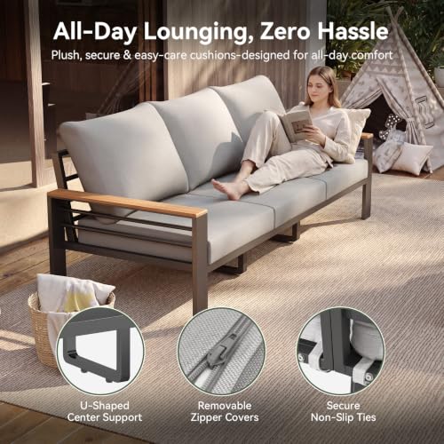 Image of Aoxun Aluminum Patio Furniture Set with Swivel Chairs & Fire Pit Table | All Weather Outdoor Sectional with Washable 5 inch Thick Olifen Cushion, Patio Conversation Sets with Coffee Table, 7-Seat