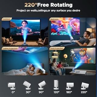 Projecteur Batterie intégrée, videoprojecteur Compatible 4K, Rotation à 220° intégré WiFi Bluetooth, Correction Automatique du trapèze Projector, Mini Vidéo projecteur Portable pour Home cinéma