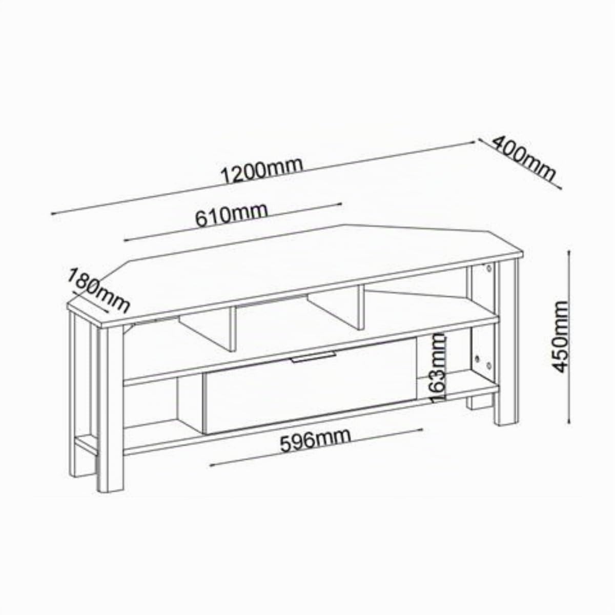 CALICOSY - TV-Eckschrank 1 Schublade & Stauraum - Eichenholzoptik - Spanplatten - Metallgriffe - Mehrere Ablagen - Wohnzimmer oder Schlafzimmer - Zeitgenössisches Design - B 120 x T 40 x H 45 cm