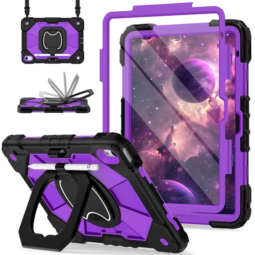Image of Scnioy Case for iPad A16 11th /10th Generation 11 /10.9 Inch 2025 /2022, Rugged iPad 10th Gen Case i Pad A16 Cover with 360 Rotating Stand Screen Protector Pen Holder Shoulder Strap, Darkpurple