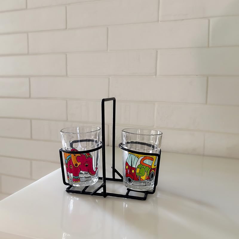TOPSYTURVY Hand Crafted & Hand Designed Tapri Tea and Coffee Style Glass with Iron Stand (Set of 2, 90ml Each) | Red Auto Rickshaw & Pink Elephant Designs | Kulhad Cups | Cutting Chai Glasses Set 1
