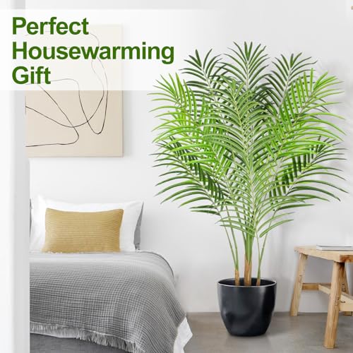 Image of Artificial Palm Tree 4ft Tall Fake Indoor Decor with 13 Trunks and Real Bark Design Faux Tropical Areca Silk Floor Plant in Pot for Home Office Living Room Bedroom 1pcs