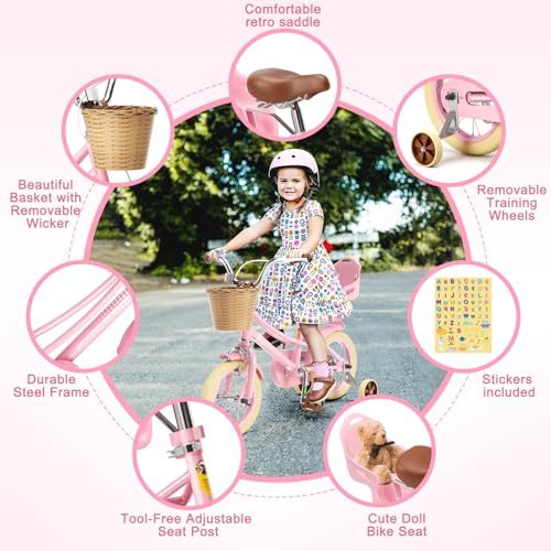 Image of Glaf Girls Bike Bicycle for 2-12 Years Old 12 14 16 20 inch Kids Toddler Bike with Training Wheels and Basket,Doll Seat, Kids Bike Bicycle for Gift