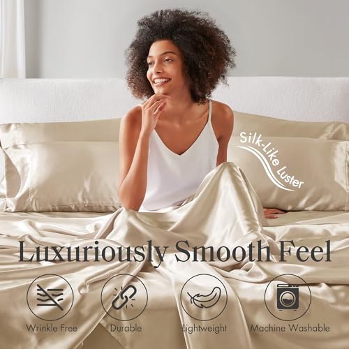 Image of Madison Park Essentials Satin Sheets Cal King Bed Set, 6 Pcs, Champagne | Luxury and Smooth Silky Bedding with Natural Sheen, All Around Elastic 14 inch Pocket fits up to 16 inch Mattress, Year-Round Cozy