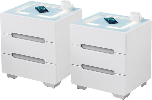 OFCASA Set of 2 Smart Bedside Table with Wireless Charging 3 Drawers Bedside Tables with Adjustable LED Lights Wood Nightstand for Bedroom