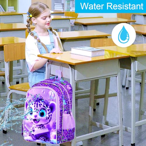 Image of CCJPX 16 inch Leopard Backpack for Girls, 3Pcs Kids Bookbag with Lunch Box, Water Resistant Elementary School Bag for Kindergarten Preschool Toddler (Purple)