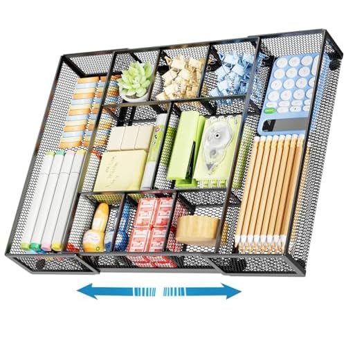 Marbrasse Expandable Desk Drawer Organizer, Mesh Drawer Organizer Tray with 10 Adjustable Compartments, Desk Organizers and Accessories, 5 Dividers Drawer for Office Supplies, Makeup & Vanity (Black)