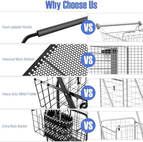 Folding Grocery Cart on Wheels, Metal Utility Trolley with Removable Liner & Back Basket, Foam Handle, Lightweight Shopping Push/Pull Cart for Easy Transport