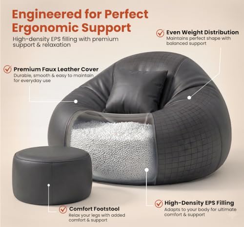 Image of Sattva Classic 3XL Bean Bag Chair with Beans Filled | Faux Leather Sofa Style Bin Bags with Footstool & Cushion | Comfort Beam Bag Sofa for Adults & Teens, Living Room & Office - Grey