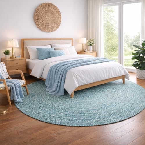 Image of Cotton Round Carpet 3x3 feet - Handmade Braided Boho Rug for Living Room, Bedroom & Balcony - Soft Washable Floor Mat, Color -Light Grey