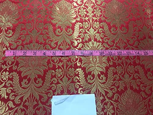 Luxurious Red Silk Brocade Fabric with Striking Metallic Gold Accents - 44 Inches Wide, Perfect for Elegant Attire and Home Décor 4 Luxurious Red Silk Brocade Fabric with Striking Metallic Gold Accents - 44 Inches Wide, Perfect for Elegant Attire and Home Décor - Image 3
