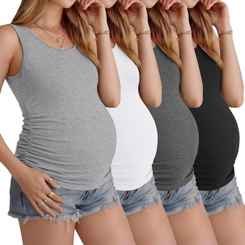 Ficerd Lot de 4 Débardeurs de Grossesse Femme sans Manches Fronces Côtés Col Rond Confort Été Casual Basiques(Noir, Blanc, Gris chiné Clair, Gris chiné...