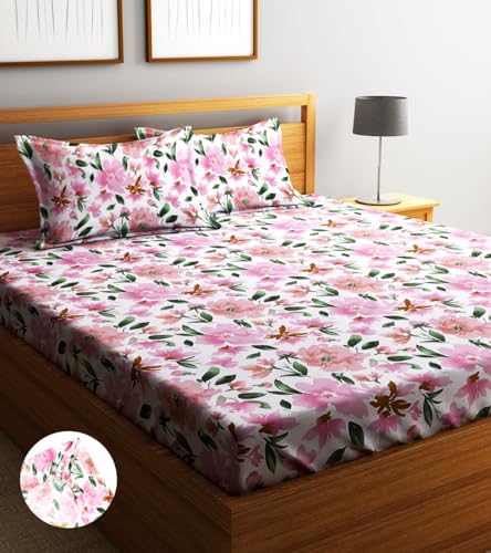 Image of Home Sizzler 210TC Pink Roses Elastic Fitted Double Bedsheet with 2 King Size Pillow Covers