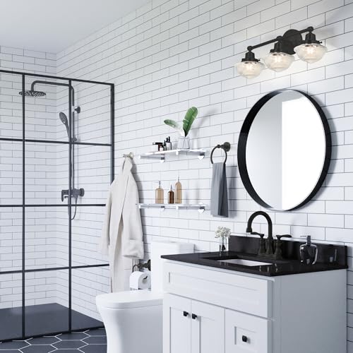 Image of Design House Vintage-Inspired Schoolhouse 3-Light Dimmable Vanity Light, 23.125 in x 7.625 in x 9.5 in, Matte Black, Clear Seeded Glass Shades, 589143-BLK