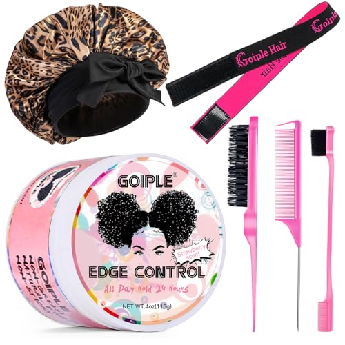 Image of Goiple Edge Control Wax for Women Strong Hold Non-greasy Edge Smoother Strawberry Scent Edge Control Wax + Edge Scarf + Hair Bonnet, Pink