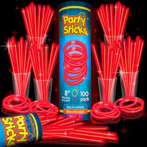 PartySticks Red Glow Sticks - 100pk 8 Inch Glow in The Dark Light Up Sticks - Party Favors Decorations Necklaces and Bracelets with Connectors