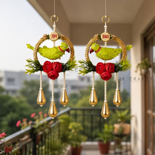 Image of Shubh Labh Door Hangings (1 Pair) - Parrot Hangings for Door Entrance, Home Mandir, Diwali Decoration,Festive Decor,Ganpati Decor,Pooja Room Decor, Home Temple Decoration Items
