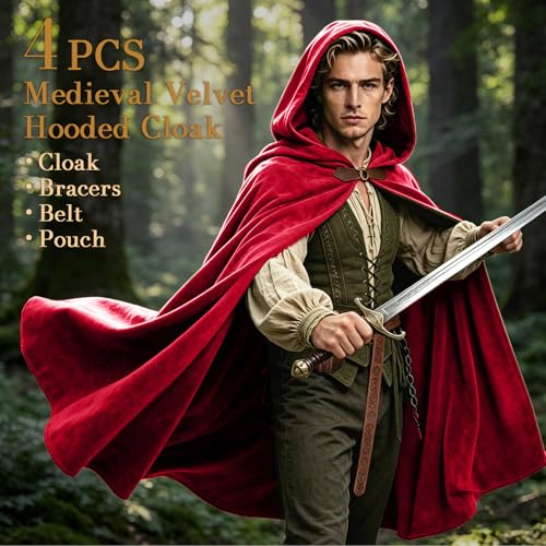 Image of Renaissance Hooded Cloak Set for Men Women Medieval Costume for Halloween